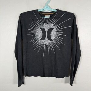 Hurley Shirt Mens Large Gray Long Sleeve Waffle Knit‎ Thermal Graphic Logo Y2K